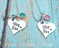 
              Sister Necklace Set - Big Sis - Little Sis - Birthstone Necklaces - Sister gift - Hand Stamped - Heart Necklace Set - Sissy Necklace
            