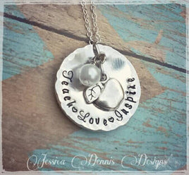 Teacher Necklace * Teach Love Inspire * Apple - Freshwater Pearl Bead * Texturized * Disc * Teacher Gift * Personalized * End of the year