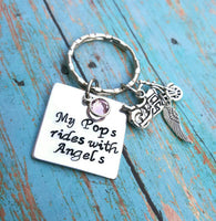 
              Personalized "My Pops rides with angels" Motorcycle "My Dad rides with angels" Memorial hand stamped swarovski crystal birthstone
            