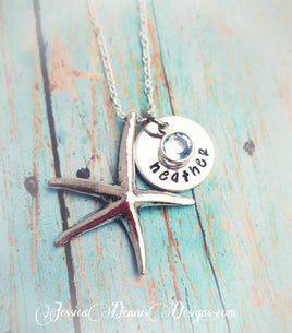 Large Starfish Necklace - Personalized with name & birthstone - Silver Plated - Summer Jewelry - Name Necklace - Florida Girl Necklace
