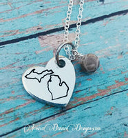 
              Michigan Hand Stamped Heart - Petoskey Stone Necklace * Hand Stamped * Personalized * Made in MI - I love Michigan - Great Lakes State
            