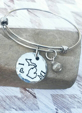 Michigan Hand Stamped   Expandable Bracelet - Stainless steel - Petoskey Stone Bracelet * Hand Stamped  * Made in MI - I love Michigan