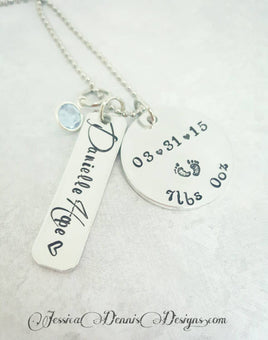 Mother's Necklace - New Mom Gift - Mother's day - Personalized Hand Stamped - Birthstone Necklace - Birth Announcement Jewelry