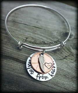Pennies from Heaven * Hand Stamped Bracelet * Choose your Year * Heart Stamp * Angel Wing * Baby Feet Optional * Memorial Jewelry *