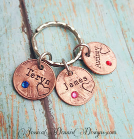 Penny Keychain - Mother's Gift - Grandmother's Gift - Choose the birth year and Birthstone - Hand Stamped - Personalized - Birthday Gift