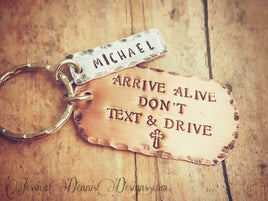 Teen Dogtag * Arrive Alive Don't Text and Drive - Keychain * New Car * New Driver - Cross - Teen Boy - Guy Gifts - Mixed Metals - Name