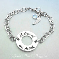 
              Mother of an Angel Bracelet - Stainless Steel Bracelet - Hand Stamped - Custom Made - Child Loss Bracelet - Mommy of an Angel - Birthstone
            