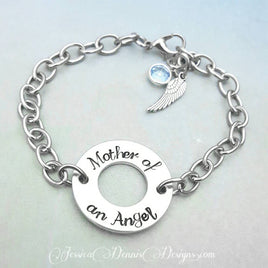 Mother of an Angel Bracelet - Stainless Steel Bracelet - Hand Stamped - Custom Made - Child Loss Bracelet - Mommy of an Angel - Birthstone