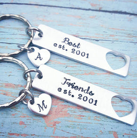 Set of 2 Best Friends Keychains * Personalized Best Friends Gift or date * Heart cutouts * BFF Keychains - Friend Gift - Hand Stamped