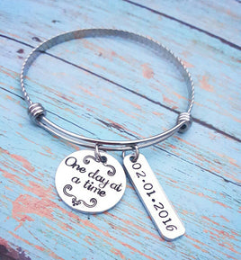 One Day at a Time - Sobriety Bracelet - Recovery Gift - Sobriety Gift - One Year - Hand Stamped Personalized Date or Name - Expandable