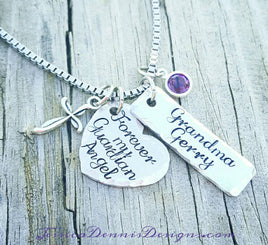 Memorial Necklace * Forever My Guardian Angel  - Personalize Mawmaw - Grandma  - Mom - Dad -Birthstone - In Memory Of - Cross Heart