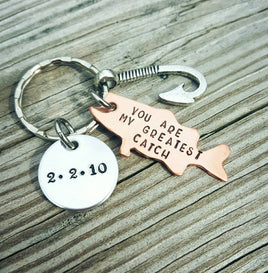 My Greatest Catch - Personalized - Anniversary - Engagement - Hand Stamped - Fishing Hook - Hooked On You - Mixed Metals - Fish - Guy Gifts